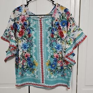 Umgee Floral Print Blouse with Red and Blue Accents